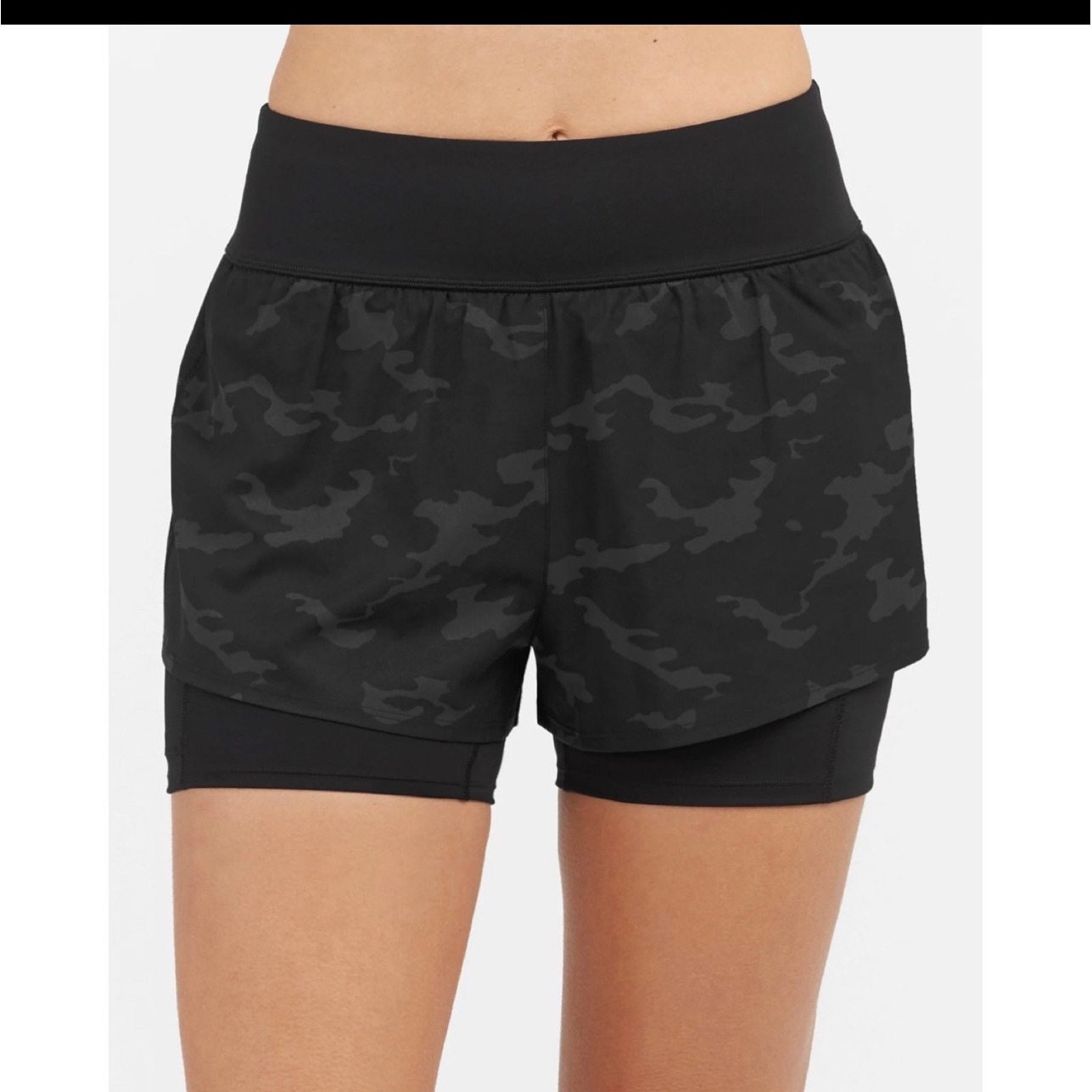 Spanx Get Moving 2-In-1 Athletic Shorts Black Camo Compression Liner Womens M
